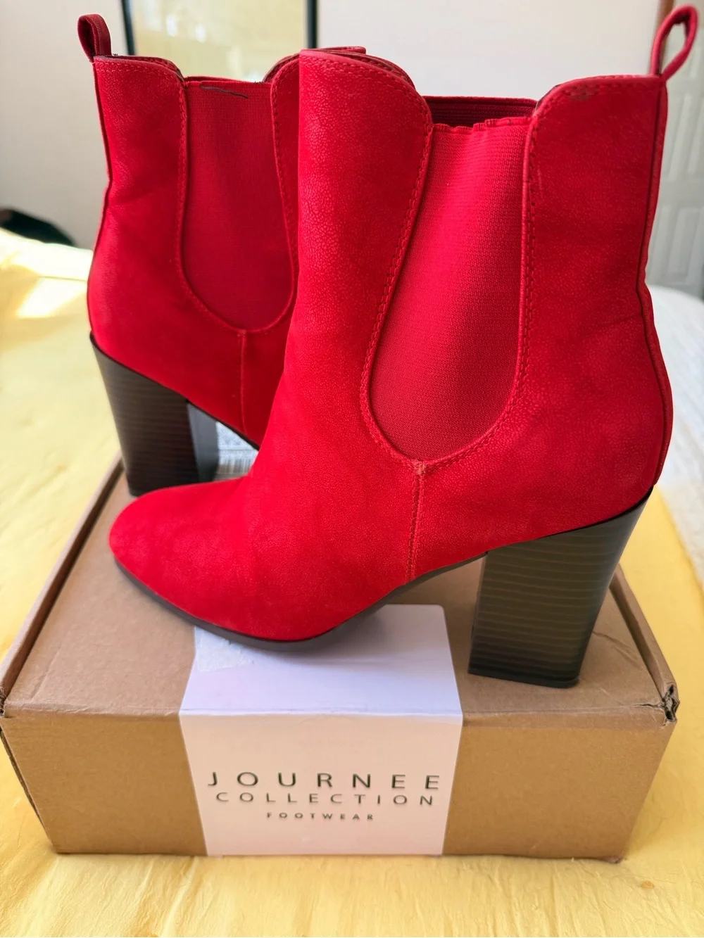 Journee Collection Red Suede-Look Block Heel Ankle Boots